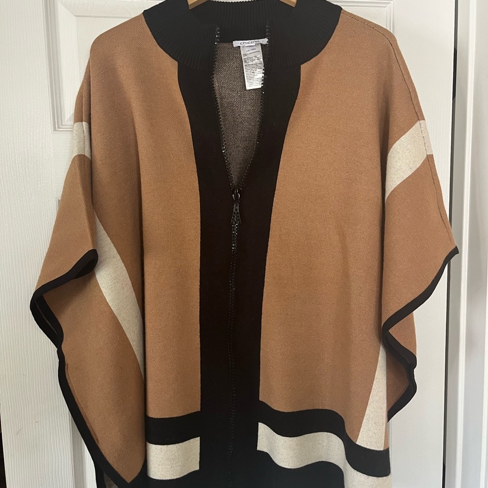 Chico's Camel, Black & Cream Zip-Front Poncho